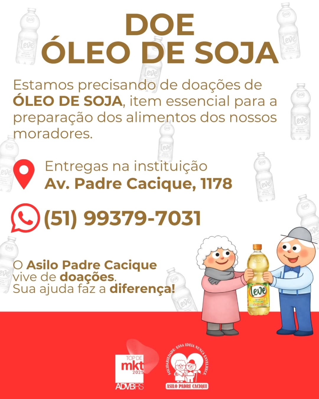 Óleo de soja entra na lista de prioridades de doação do Asilo Padre Cacique